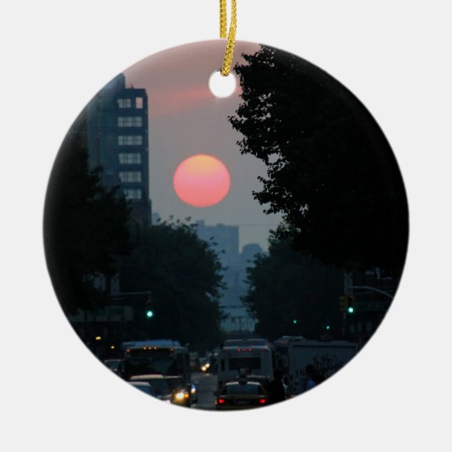 Ornamento De Cerâmica Manhattanhenge: ajustando o sol alaranjado pinkish (Frente)