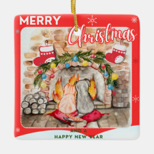 Ornamento De Cerâmica Manta de Natal com cão e gato