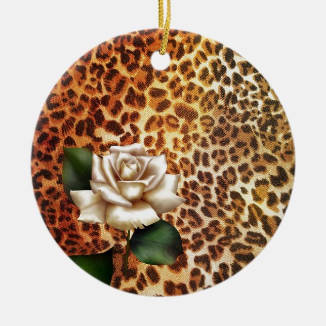 Ornamento De Cerâmica Mantenha-se selvagem, rosas brancas-leopardo (Frente)