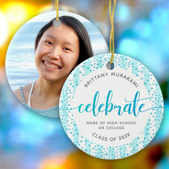 Ornamento De Cerâmica Manutenção do Script Glitter de Foto Turquoise de  (Criador carregado)