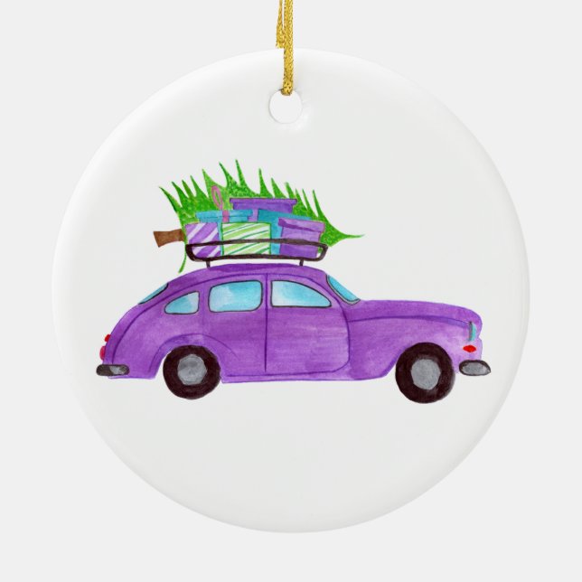 Ornamento De Cerâmica Mão pintada de aquarela Carro de Natal (Traseira)