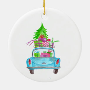 Ornamento De Cerâmica Mão pintada de aquarela Carro de Natal