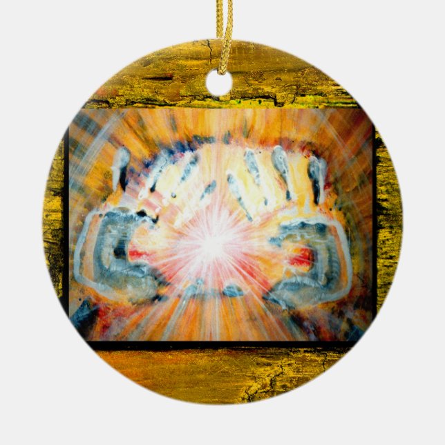 Ornamento De Cerâmica Mãos curas & cruz da proteção (Frente)