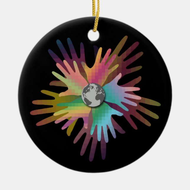 Ornamento De Cerâmica Mãos em todo o mundo (Frente)