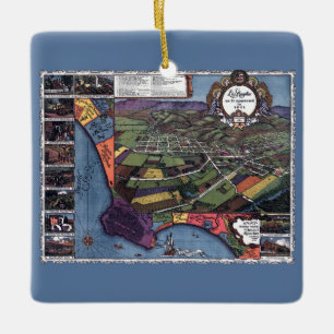 Ornamento De Cerâmica Mapa Aéreo Antigo da Cidade de Los Angeles, Califó
