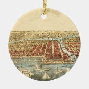 Ornamento De Cerâmica Mapa Antigo de Chicago, Rua LaSalle e Rio