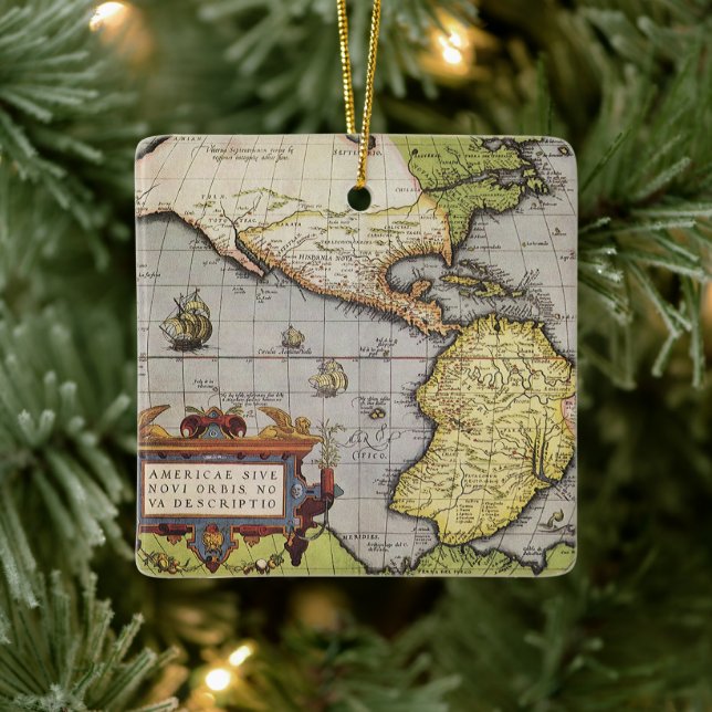 Ornamento De Cerâmica Mapa Antigo do Mundo das Américas, 1570 (Árvore)