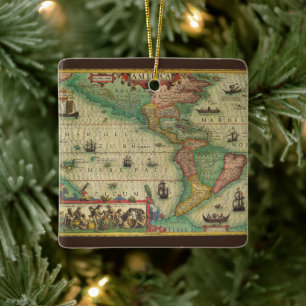 Ornamento De Cerâmica Mapa Antigo do Mundo das Américas, 1606