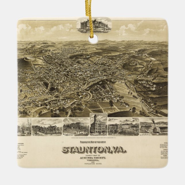 Ornamento De Cerâmica Mapa da cidade de Staunton, Virgínia (1891) (Frente)