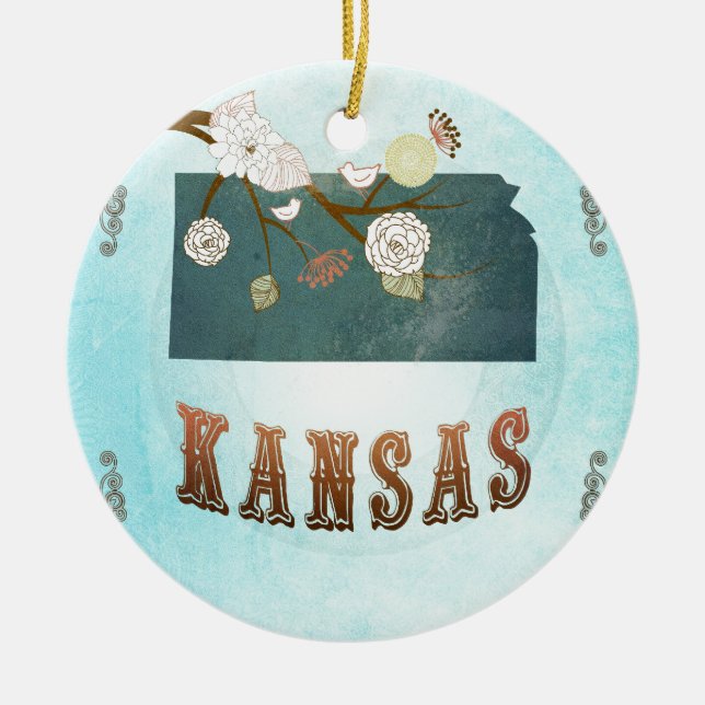 Ornamento De Cerâmica Mapa de Kansas com pássaros bonitos (Frente)