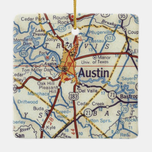 Ornamento De Cerâmica Mapa de Vintage do Austin TX 1955