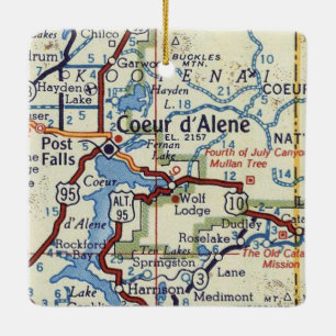 Ornamento De Cerâmica Mapa do Coeur d'Alene Vintage