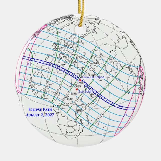 Ornamento De Cerâmica Mapa do Eclipse Solar Total de 2027 (Frente)