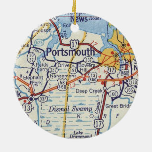 Ornamento De Cerâmica Mapa do Portsmouth VA Vintage