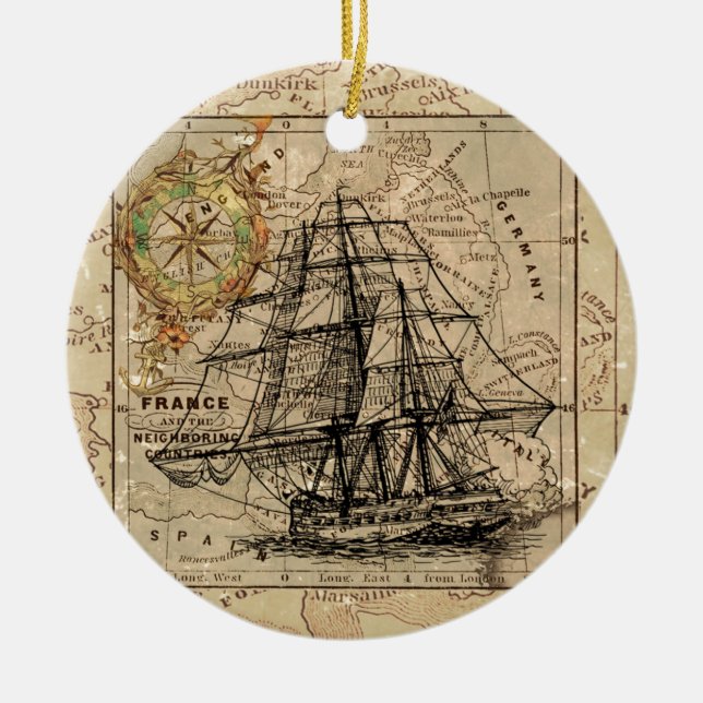 Ornamento De Cerâmica Mapa e navio antigo do General France (Frente)