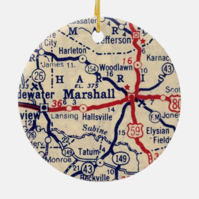 Ornamento De Cerâmica Mapa Marshall TX 1945 (Traseira)