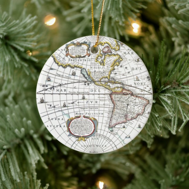Ornamento De Cerâmica Mapa mundial antigo de Hendrik Hondius, 1630 (Árvore)