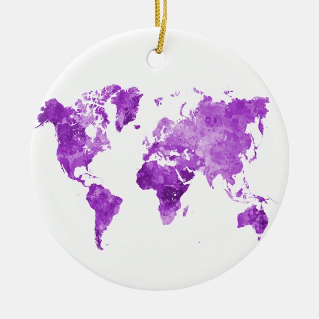 Ornamento De Cerâmica Mapa mundial em aquarela 08 Roxo (Frente)