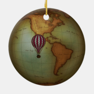 Ornamento De Cerâmica Mapa Steampunk do Hemisfério Oeste e Balão de Ar