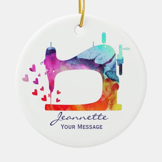 Ornamento De Cerâmica Máquina de costura por aquarela (Frente)