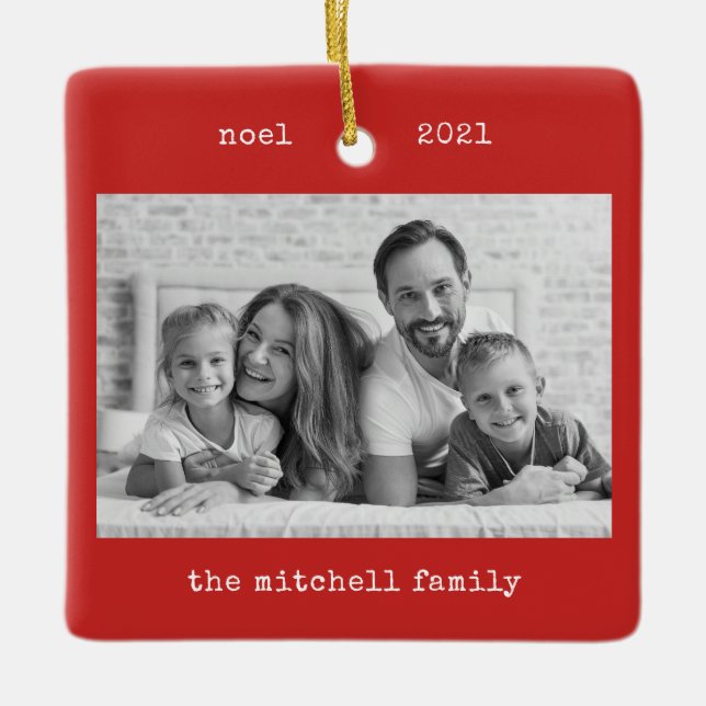 Ornamento De Cerâmica Máquina Vermelha | Duas fotos e texto simples (Frente)