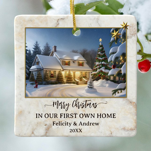 Ornamento De Cerâmica Marble Dourado Primeira Foto Home (Christmas ornament featuring your custom photos framed by a chic marble design with golden stars)
