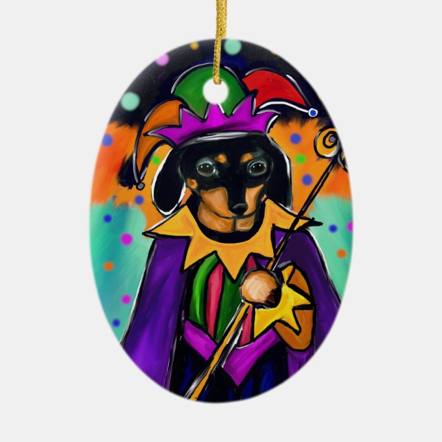 ORNAMENTO DE CERÂMICA MARDI GRAS DACHSHUND (Frente)