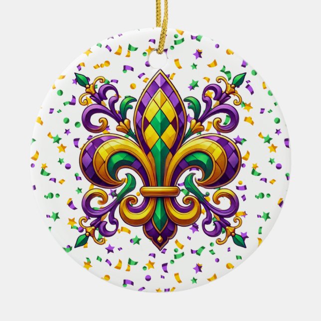 Ornamento De Cerâmica Mardi Gras fleur de lis, verde-púrpura (Frente)