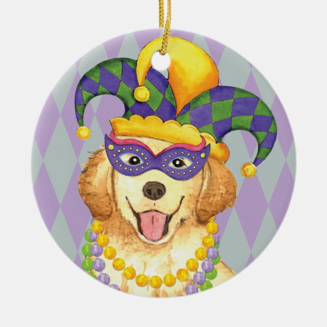 Ornamento De Cerâmica Mardi Gras - Ouro Retriever (Frente)