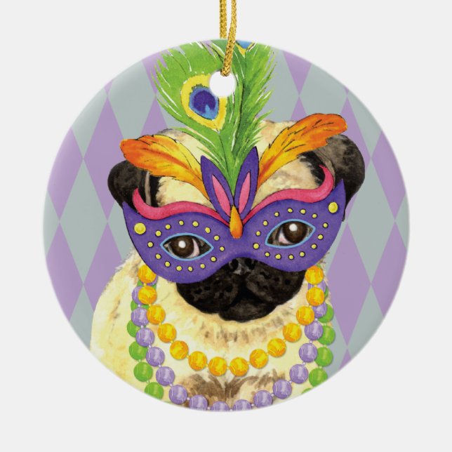 Ornamento De Cerâmica Mardi Gras Pug (Frente)
