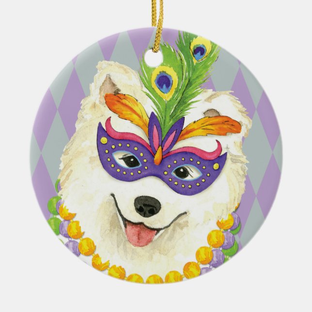 Ornamento De Cerâmica Mardi Gras Samoyed (Frente)