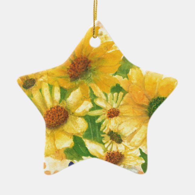 Ornamento De Cerâmica margarida amarela no vaso azul (Frente)