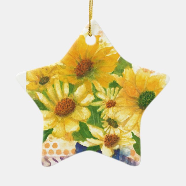 Ornamento De Cerâmica margarida amarela no vaso azul (Frente)