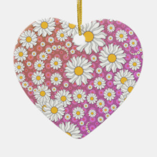 Ornamento De Cerâmica Margaridas Brancas Fofas em Fundo Amarelo Rosa
