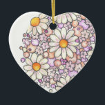 Ornamento De Cerâmica Margaridas românticas<br><div class="desc">O coração deu forma ao ornamento com bagas cor-de-rosa, flores lavendar, e do pêssego e. Desenho original com lápis coloridos. O logotipo e o nome do artista estão na parte traseira.</div>
