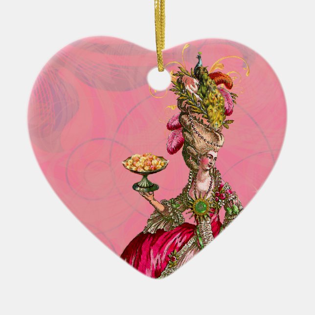 Ornamento De Cerâmica Marie Antoinette E Peacock Deixam-Nos Comer Bolo. (Frente)