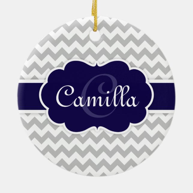 Ornamento De Cerâmica Marinho Azul Monograma Cinza Padrão de Cevon (Traseira)