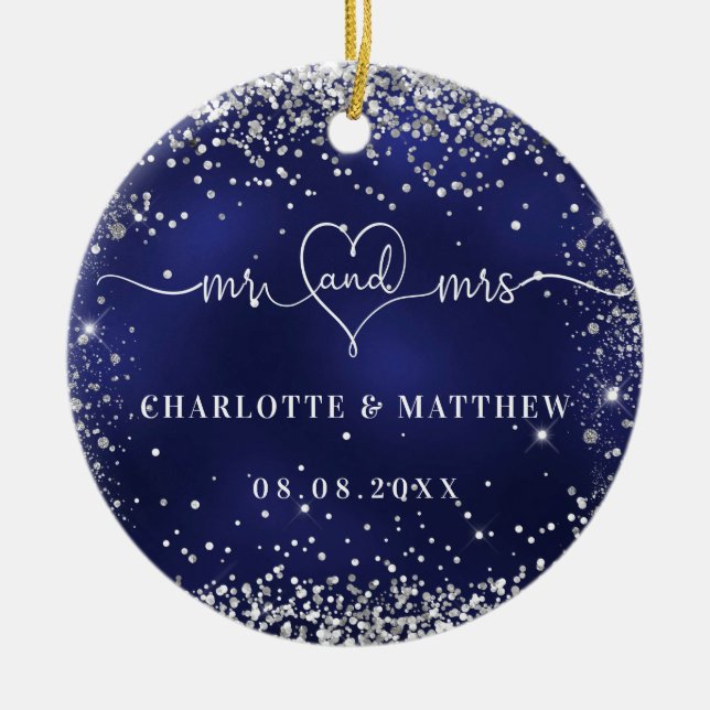 Ornamento De Cerâmica Marinho azul-prata brilha recentemente (Frente)