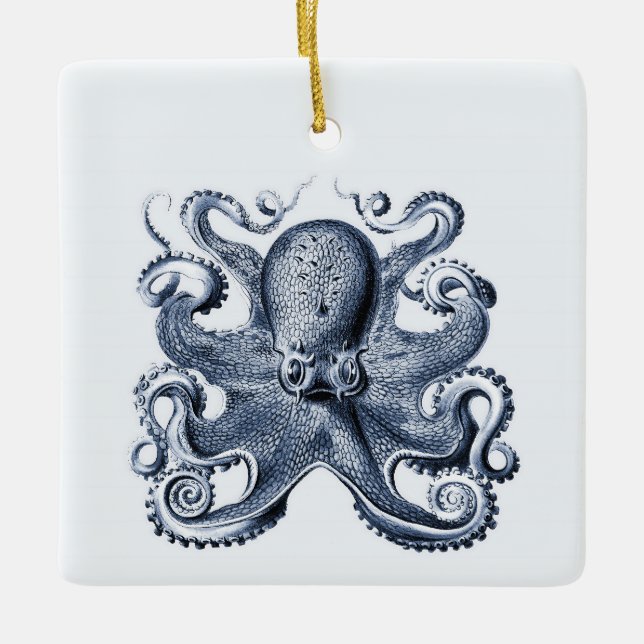 Ornamento De Cerâmica Marinho Blue Octopus ilustrado por Ernst Haeckel (Frente)