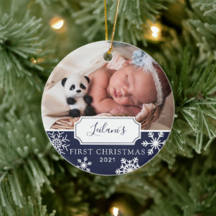 Ornamento De Cerâmica Marinho de Foto do Bebê de Natal Azul