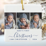 Ornamento De Cerâmica Marinho de fotos azul de Natal de 1 rua 3 do bebê<br><div class="desc">Ajudem-nos a comemorar o primeiro Natal do seu neto com este belo ornamento moderno do keepsasasaame. O texto azul marinho lê "O primeiro Natal do bebê", com a palavra "Natal" em elegante guião de escrita manual, que floresce antes e depois. Substitua as três imagens de exemplo por suas fotos verticais...</div>