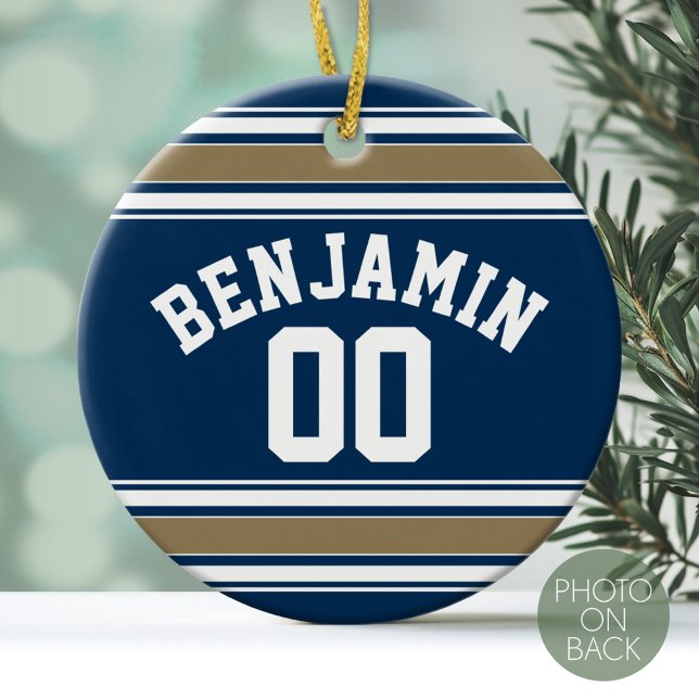 Ornamento De Cerâmica Marinho de Futebol Jersey Blue Dourado Strips Núme (Personalized Christmas Photo Ornament - Football Sorts Jersey Stripes)