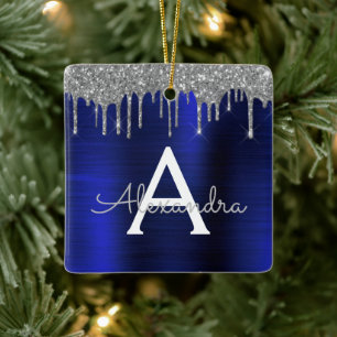 Ornamento De Cerâmica Marinho de prata Blue Glitter Monograma