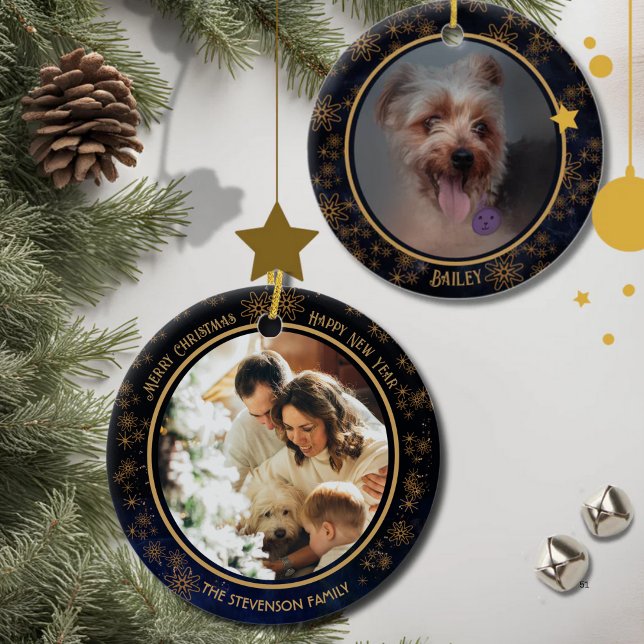 Ornamento De Cerâmica Marinho Elegante Blue Christmas 2 Photo (Elegant Navy Blue Christmas 2 Photo Ceramic Ornament)