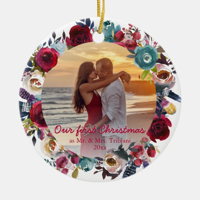 Ornamento De Cerâmica Marinho Moderno Floral Nosso Primeiro Natal (Frente)