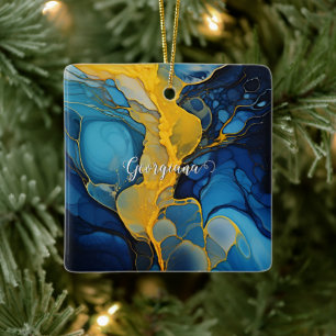 Ornamento De Cerâmica Marinho personalizado e Dourada Arte Fluida com Ti