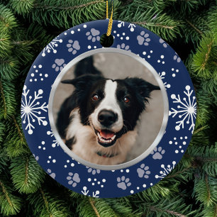 Ornamento De Cerâmica Marinho Snowflake Paw Pet Photo