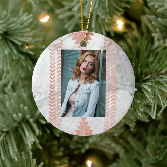 Ornamento De Cerâmica mármore branco aztec, rosa, geométrico mínimo (Árvore)