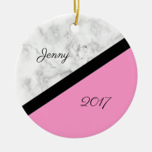 Ornamento De Cerâmica Mármore Preto e Branco com Linha Preta e Rosa