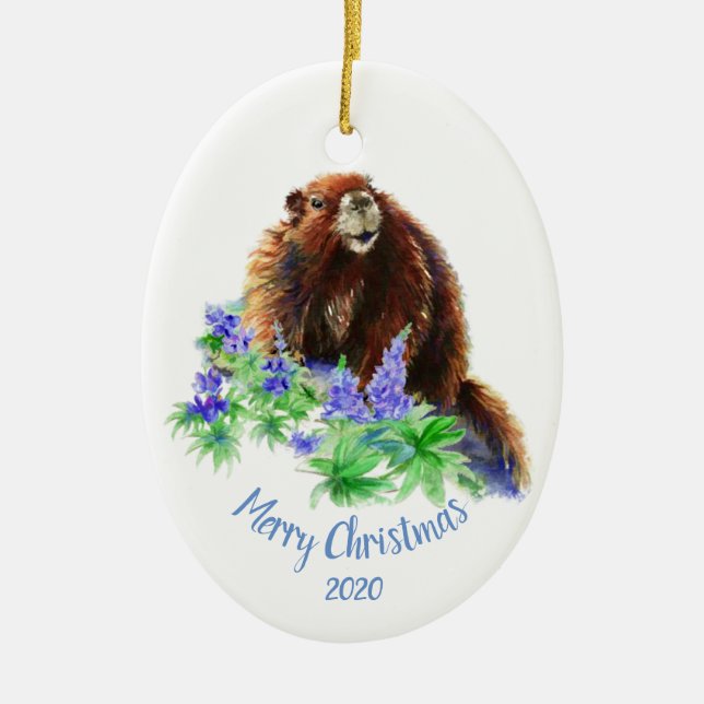 Ornamento De Cerâmica Marmot de Natal Datado Personalizado, Groundhog An (Frente)